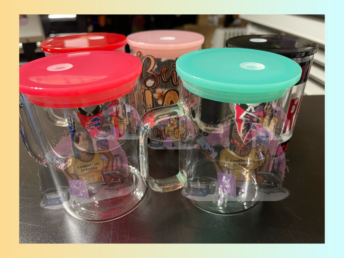 Clear Libbey Mug w/handle, colored lid & straw *BLANK NO DESIGN*